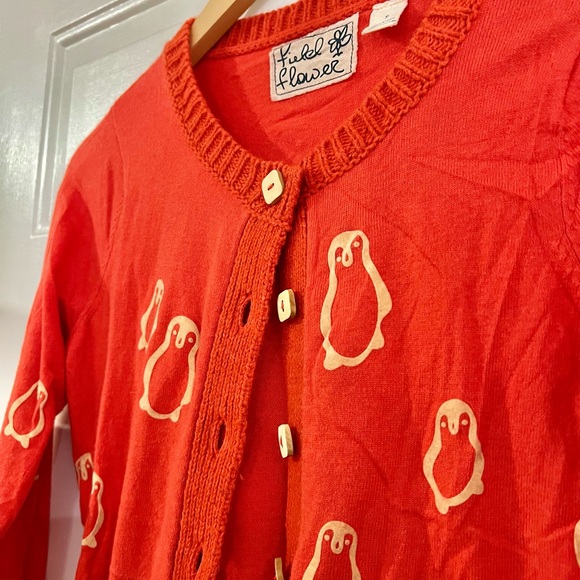 Field Flower Anthropologie Penguin Print Red Cardigan Sweater Cashmere Blend S - Picture 9 of 9